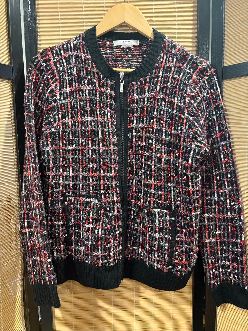 Black Multi-Color Tweed like Zip-Front Sweater